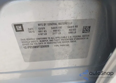 2015 Chevrolet Cruze 2Lt Auto из США, поврежденный, VIN 1G1PE5SB5F7256820